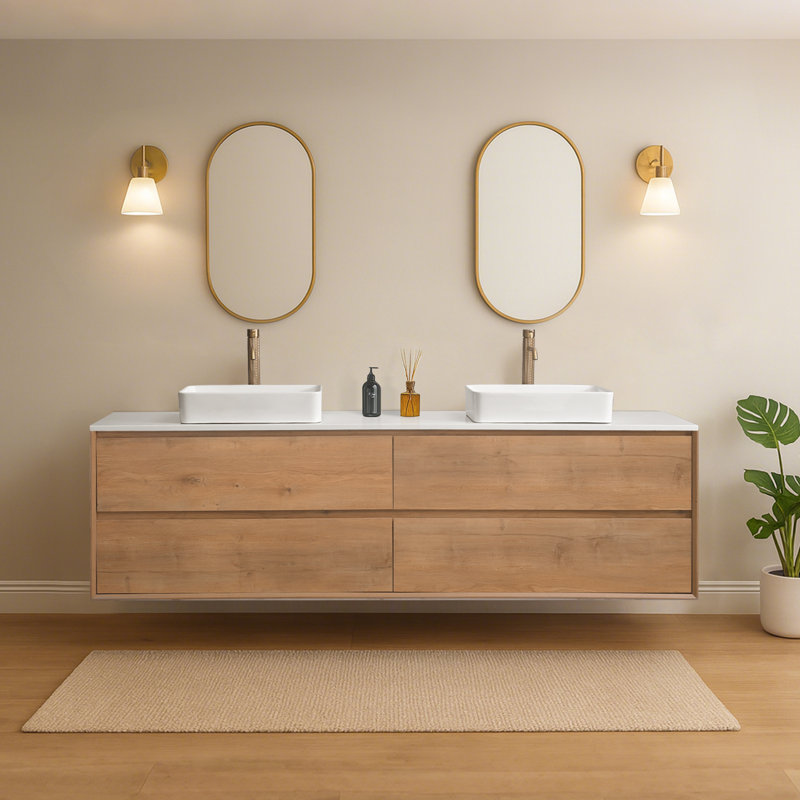 84" Floating Bathroom Vanity With Ceramic Vessel Sink, Wall Mounted Bathroom Cabinet With White Quartz Top
