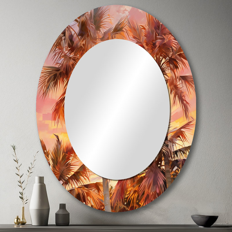 Rose Radiance Sunset Palm Trees I - Large Oval Wall Mirror On Metal, 43" H x 33" W