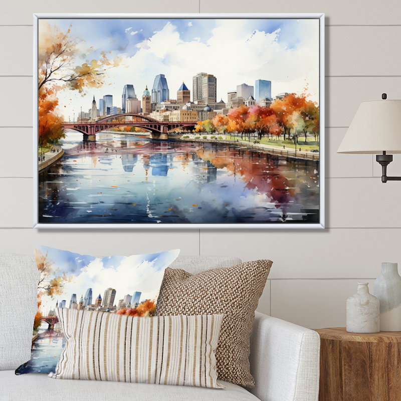 Minneapolis en automne I, H 24 po x l 32 po x P 1 po, Cadre flottant blanc
