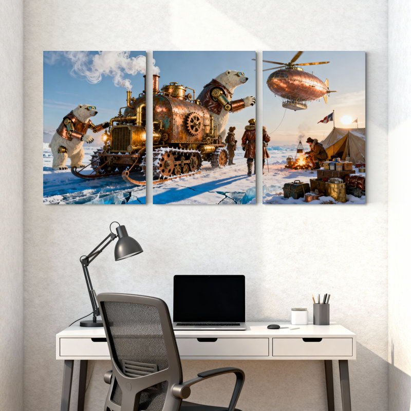 Fantasy & Sci-Fi Steampunk Polar Expedition With Mechanical Bears Set of 3 Canvas Wall Art Prints, 24" H x 48" W