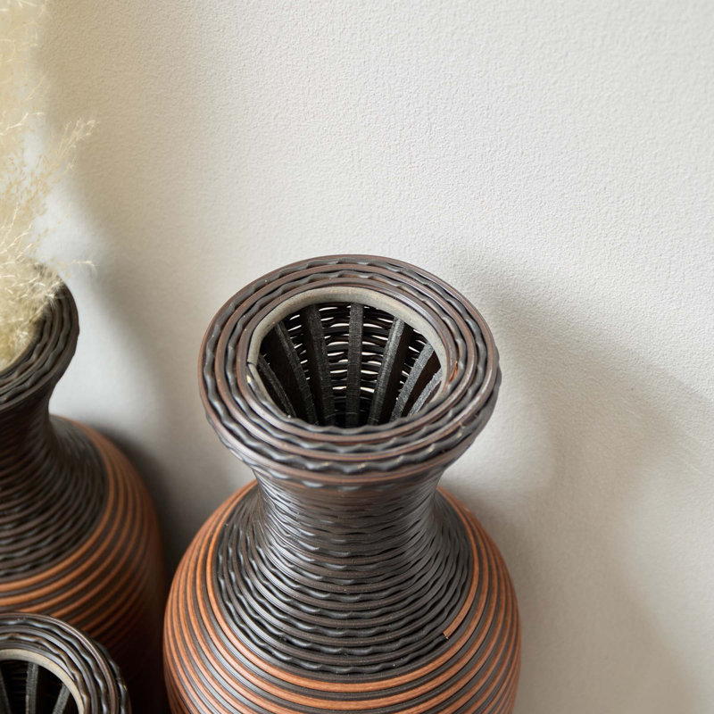 Eibhinn Hand Woven Rattan Floor Vase, Tall Vase, Two-Tone Finish, Flower Decorative Vase, Brown/Black