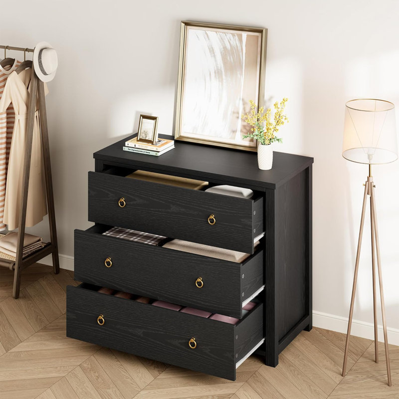 Commode 3 tiroirs moderne noire pour commode de chambre à coucher avec poignées dorées - Armoire de rangement spacieuse 29 po pour garde-robe, salon, couloir ou chambre de bébé - noir