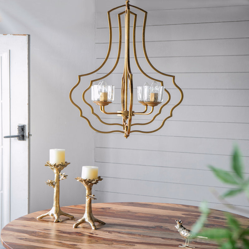 4-Light Gold Open Frame Chandelier with Glass Shades, Adjustable Chain for Dining & Foyer