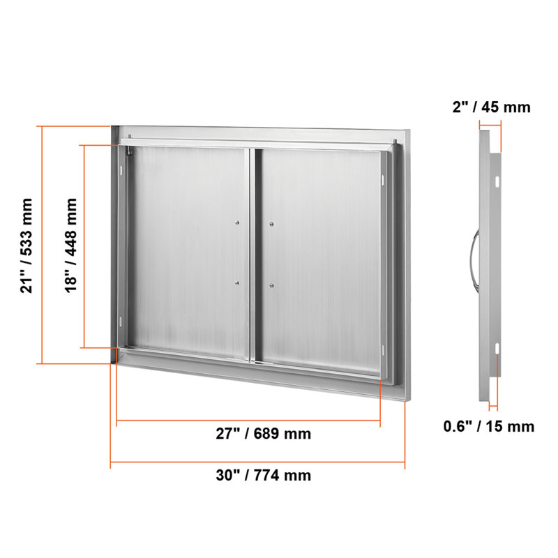 Double porte 30 po x 21 po à double paroi en acier inoxydable 304 avec poignées en acier inoxydable