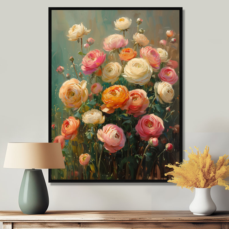 Rose, blanc, ferme, charme, Renoncule I - Renoncule, art mural, salon, White Picture Framed, H 12 po x l 20 po