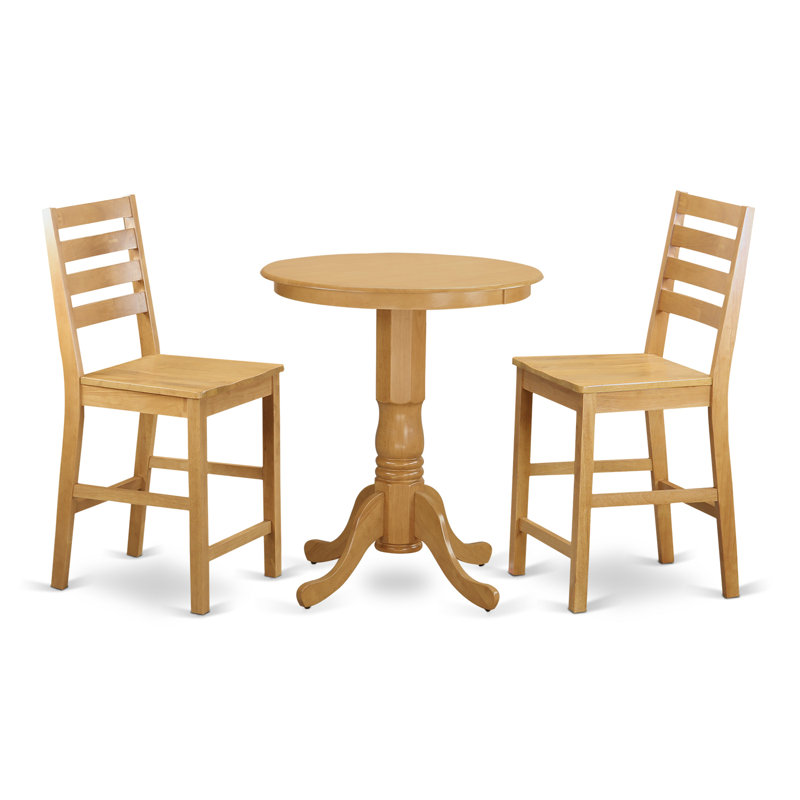 3 Piece Counter Height Dining Table Set for Small Spaces Contains a Round Dining Room Table with Pedestal and 2 Wooden Seat Chairs, Oak