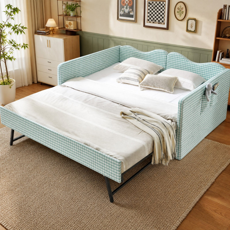 Divan-lit double convertible 3 en 1 avec couchette coulissante et poches de rangement latérales Gingham, Full / Double, cyan