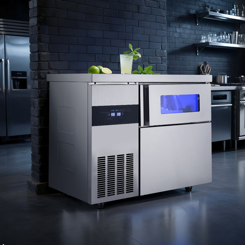 Machine à glaçons commerciale, machine à glaçons en acier inoxydable de 265 lb / 24H avec plan de travail, 66 lb de rangement et 126 cubes / cycle, fabrication de glaçons autonettoyante autoportante pour la cuisine du bar, de la maison et du restaurant