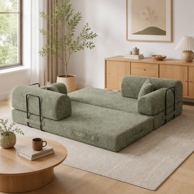 Canapé-lit convertible en tissu bicolore mélangé, matelas pliant et structure fixe, vert mousse