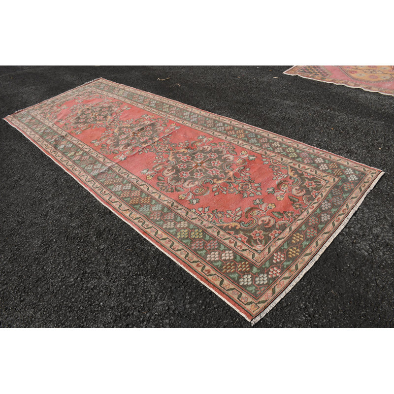 Tapis de chemin de fer turc rétro avec motifs géométriques et floraux - laine faite à la main pour décoration boho bleu / rose