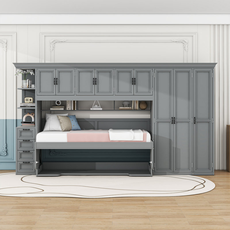 Twin Wooden Murphy Bed with Cabinets and Wardrobe and 6 Drawers, Gray