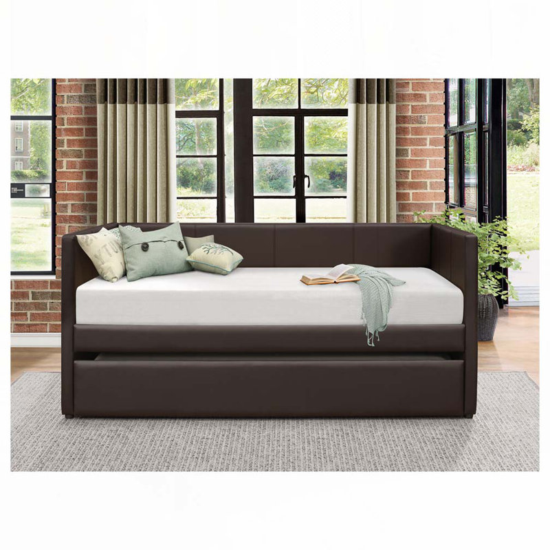 Faux Leather Upholstered Daybed with Trundle, Brown