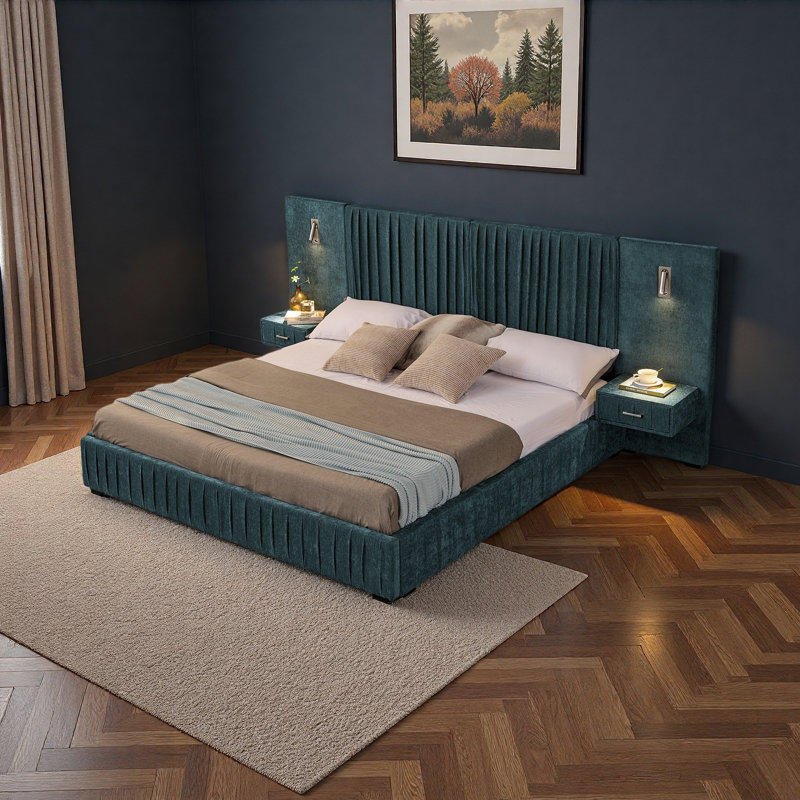 Structure de lit tapissier en tissu chenille avec motif plissé, lit plateforme avec tête de lit et table de chevet. Aucun sommier nécessaire