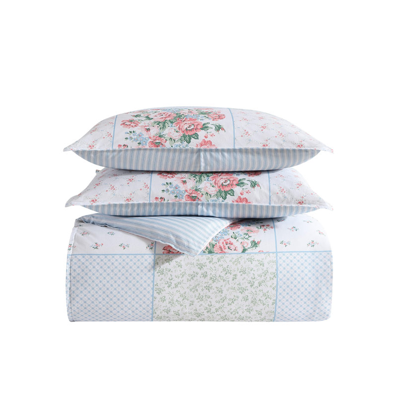 Laura Ashley Hope Patchwork Blue Cotton Reversible Comforter Set, Twin Comforter + 4 Additional Pieces