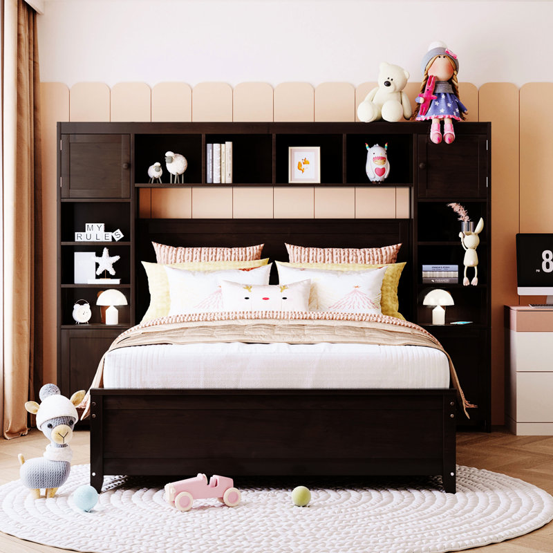 Lit double en bois avec tablette intégrée et armoire - solide et stable, Espresso
