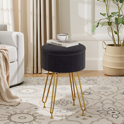 Round Ottoman Foot Stool With Storage Metal Legs For Living Room Bedroom, Velvet Upholstered Vanity Stool Footrest Modern Padded Seat