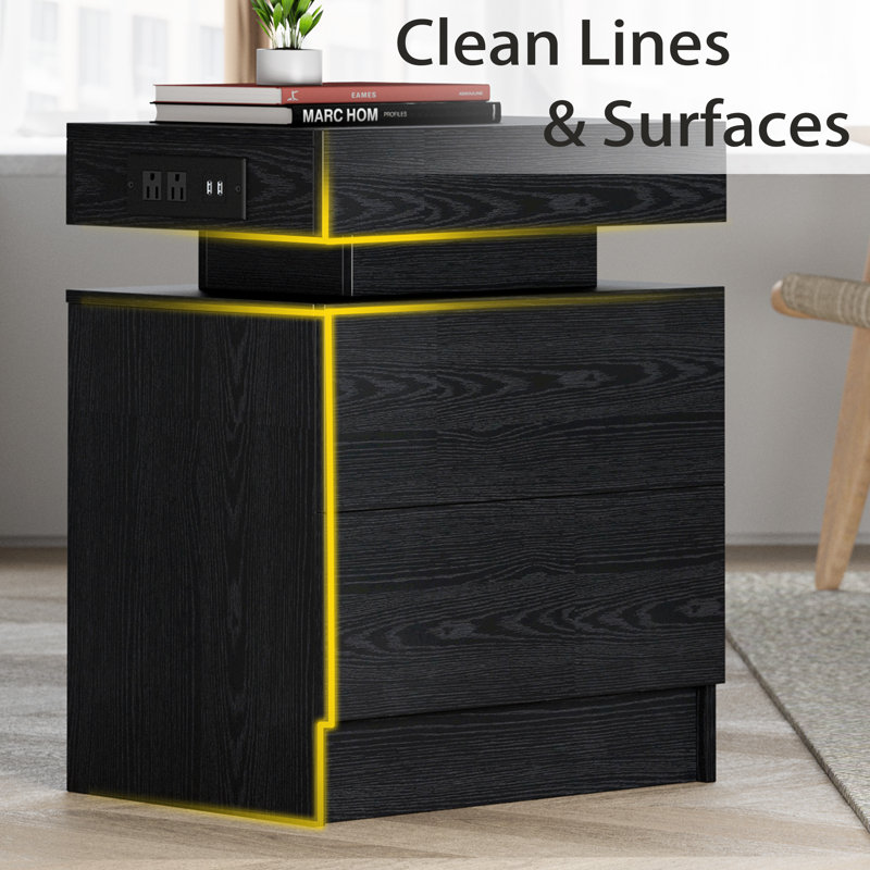 Westerly Modern Style Wooden Nightstand with LED Light and Storage Drawers, Black