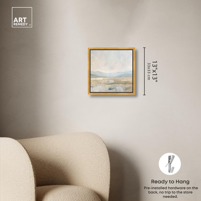«Whispering Valleyys I», toile, paysage abstrait par Art Remedy, Cadre flottant doré, H 13 po x l 13 po x P 1,8 po