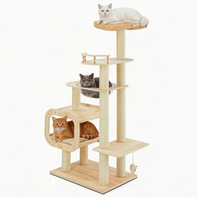 Arbre à chat moderne et robuste sans perçage – Structure en bois massif à plusieurs étages, tour à chat à 4 colonnes, 147 cm (57,9 po) pour les foyers avec plusieurs chats, niche ouverte, capsule spatiale et perchoir, mobilier d'intérieur en bois naturel pour animaux de compagnie