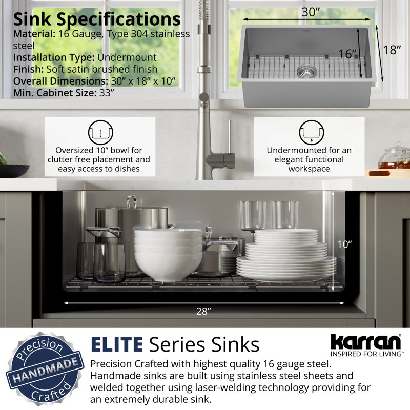 Karran Stainless Steel 30'' X 18'' Single Bowl Undermount Kitchen Sink ...