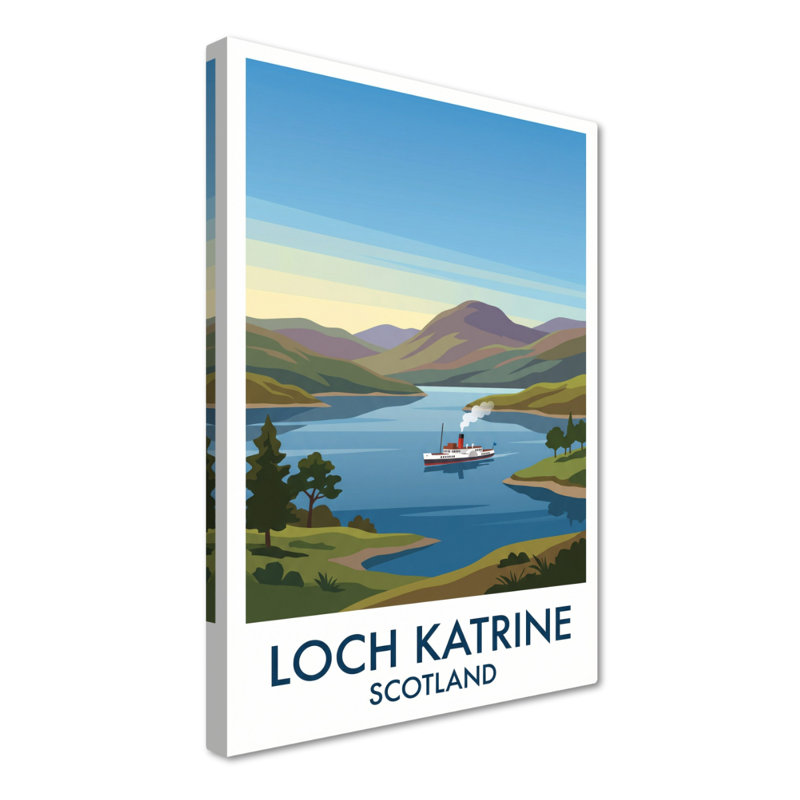 Loch Katrine, Scotland - Romantic Highlands Travel Poster With Steamship. Giclee Print On Wrapped Canvas. Wall Art, Home Decor - Natural Landmarks, Scotland - Wrapped Canvas Print