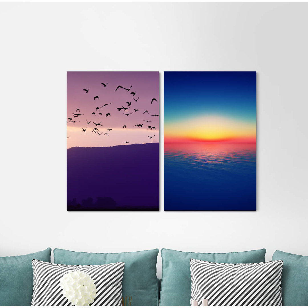 2-tlg. Leinwandbilder-Set - Fotografie "Vogelschwarm Vogelflug Berge Meer Sonnenuntergang Meer Rosa Himmel"