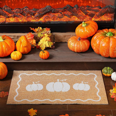 Fall White Pumpkin Welcome Doormat – Non-Slip Autumn Imitation Coir Door Mat