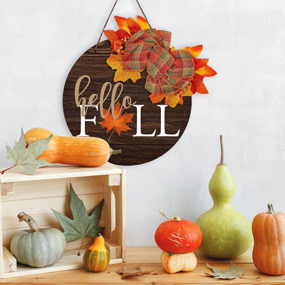 Wooden Hanging Sign Hello Fall Wood Welcome Sign With Bow Artificial Fall Leaves Rustic Farmhouse Door Hanger For Thanksgiving Holiday Home Office Window Decoration