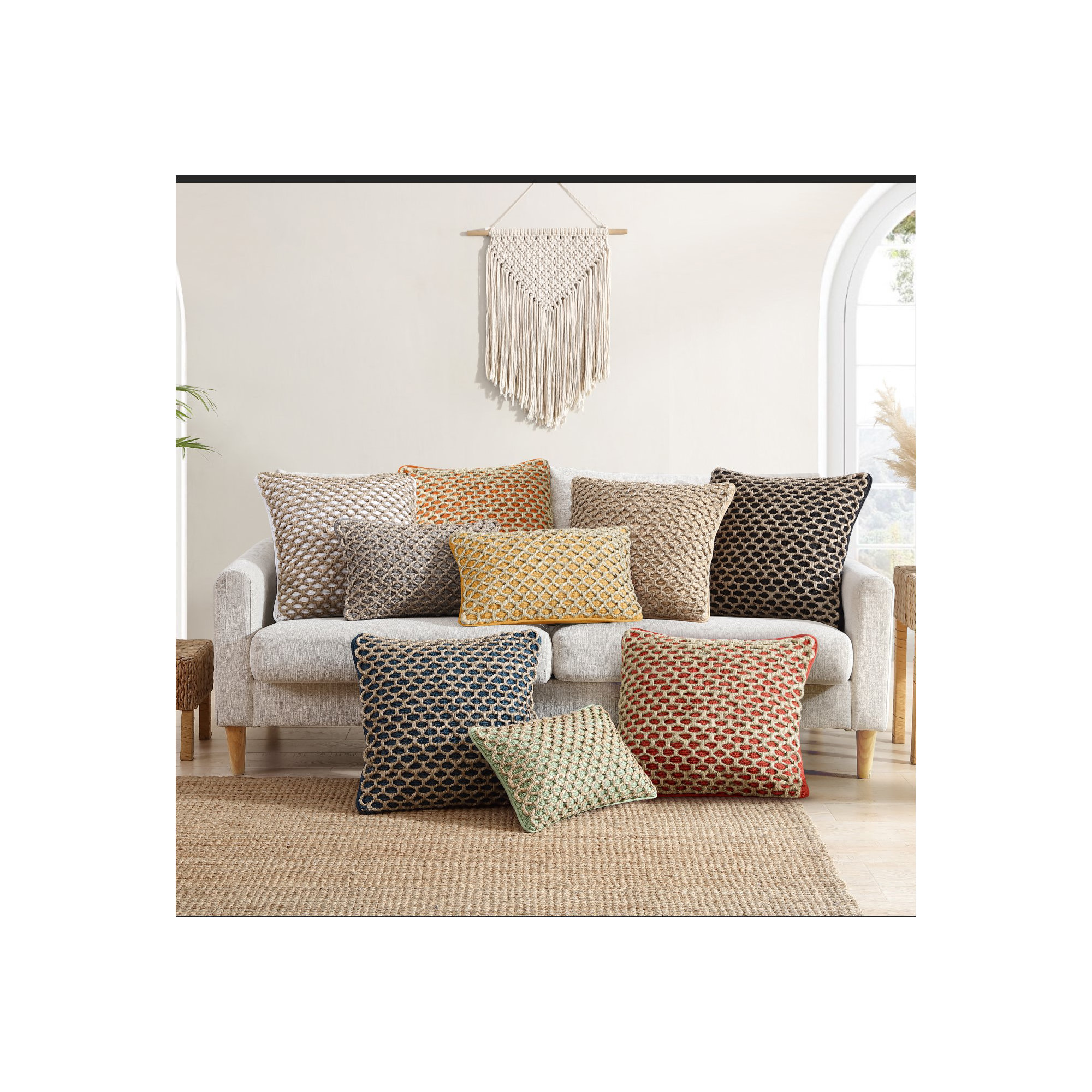 Ablo Textured Cotton Throw Pillow, Yellow/Natural, Square 20"