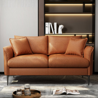 Jasper Cognac Tan Brown Loveseat Full Leather Couch | Mid Century Leather Sofa With 2 Pillows For Living Room Furniture | Plush Cushions, Nappa Leather Lounge Couch