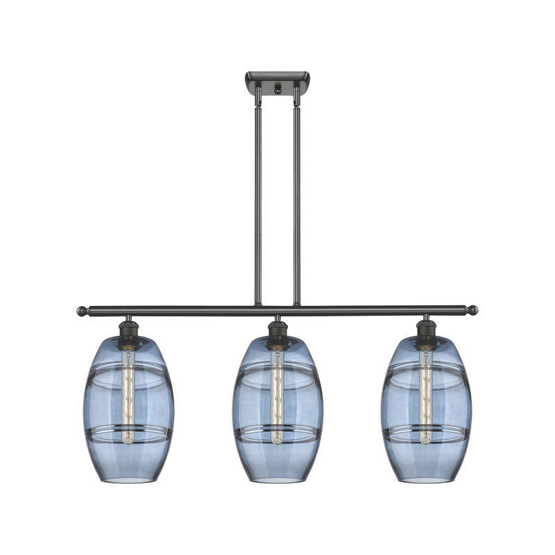 Luminaire suspendu pour îlot de cuisine 3 lumières Dundrod, Bleu princesse, Nickel satiné brossé