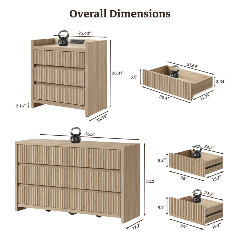 Ensemble de tables de chevet modernes à 3 tiroirs avec station de charge USB et commode à 6 tiroirs, Sandstone Beige