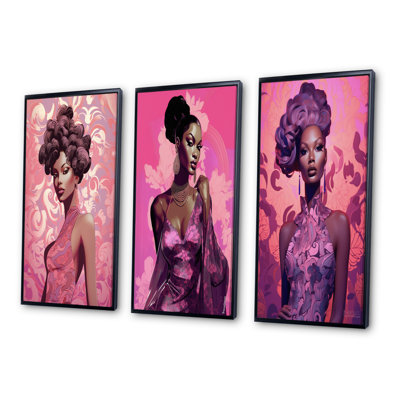 3 Piece Print Set - Retro Fashion Glam Model in Pink Magenta III