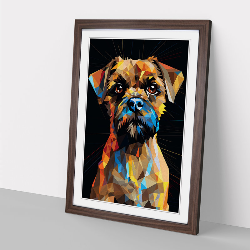 Border Terrier Geometric No.2 - Single Picture Frame Print on Wood, 46cm H x 34cm W x 2cm D, Walnut