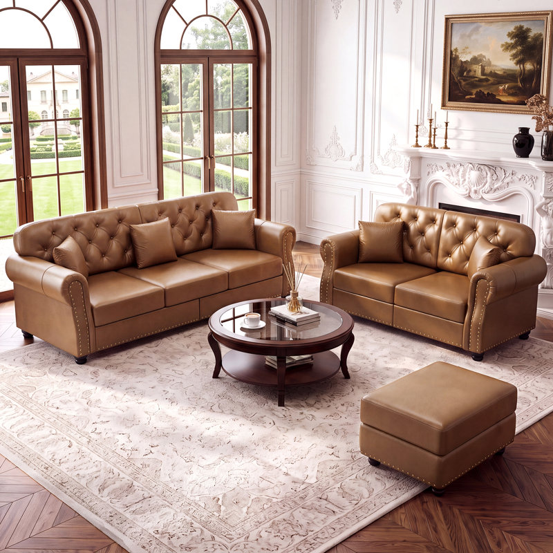 Ensemble de salon 3 pièces Mid-Century Chesterfield, Brun
