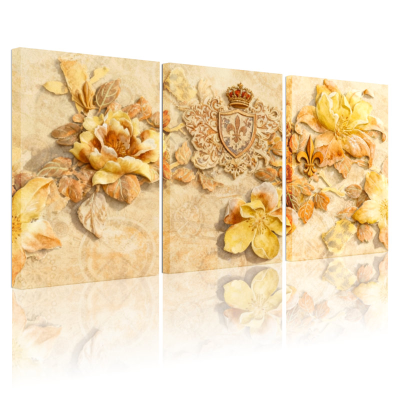 «Fashion Floral Crown Emblem», ensemble de 3 impressions sur toile, H 24 po x l 48 po