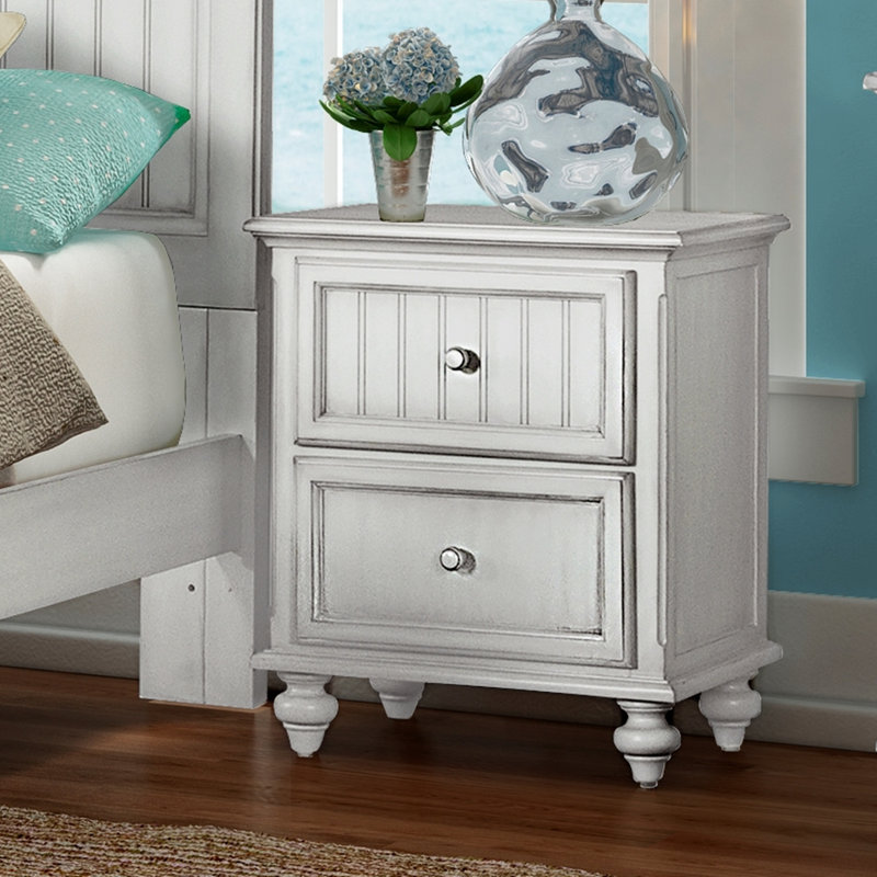 Elegant Distressed Blanc Wood Nightstand With Two Smooth-Glide Drawers, Kiln-Dried Mindi Wood Frame, Rustic Wooden Knobs, And Light Glaze Vintage Finish For Cozy Coastal Bedroom Charm