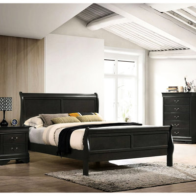 Grand lit gris, design transitionnel, bois massif, mobilier de chambre à coucher, fondation nécessaire