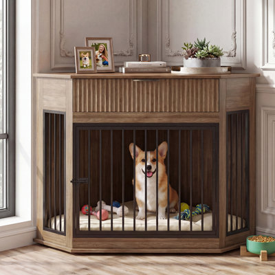 Corner Dog Crate Furniture with Fluted Drawer, MDF Dog Kennel Indoor with Flush-to-Wall Design & Secure Press-Lock for Small Medium Dogs