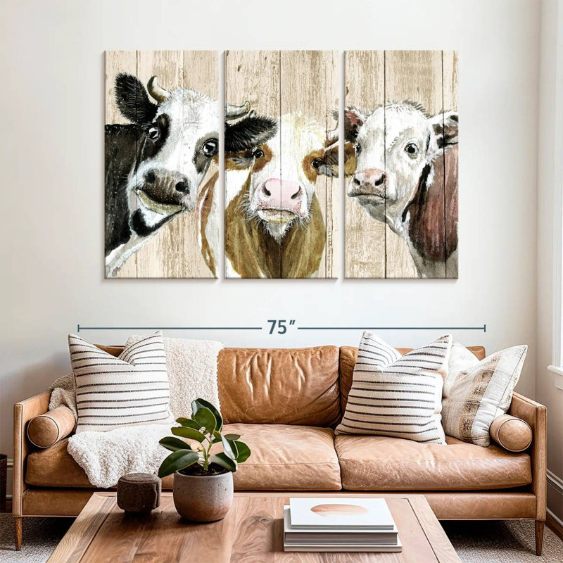 Curieux vaches sur bois, H 42 po x l 65 po