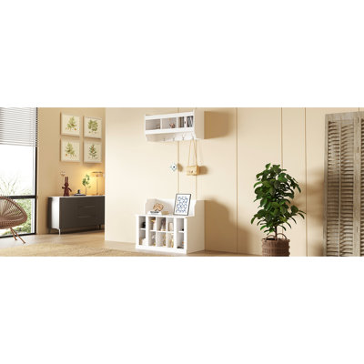 Modern Shoe Storage Bench With Wall Mounted Hooks And Adjustable Shelves, Hall Tree For Home Entryway, White Coat Rack, 4 Hooks, Mounted, Hallway, Foyer,