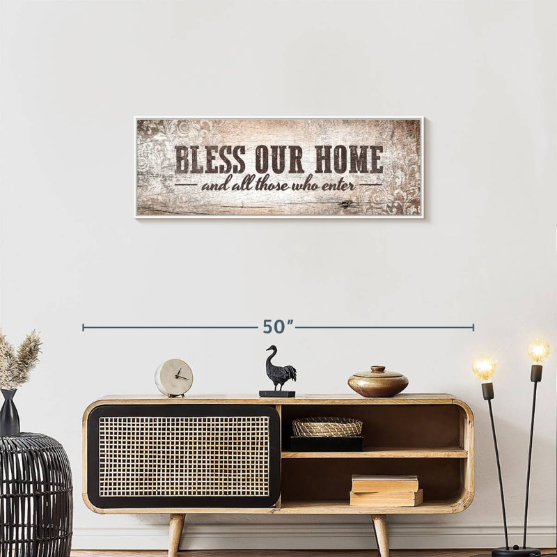 Plaque murale «Bless Our Home», Cadre flottant blanc, 37 po x 13 po
