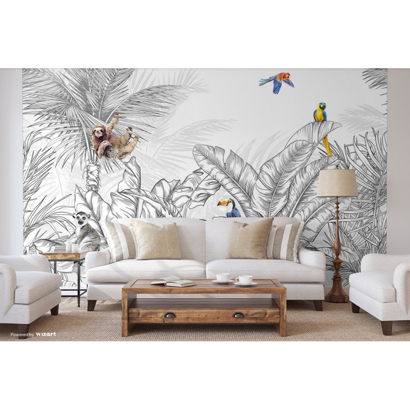 Papier peint faune jungle tropicale, L 117,96 po x l 175 po, Gris