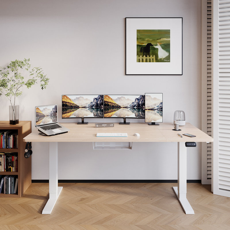 Electric T-Shape Height Adjustable Standing Desk, 180cm W x 80cm D, Beige