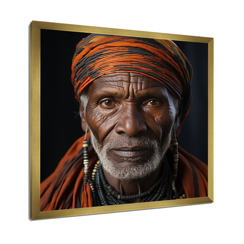 Portrait d'un chef tribal ébène sur toile, Cadre doré simple, H 16 po x l 16 po x P 1 po