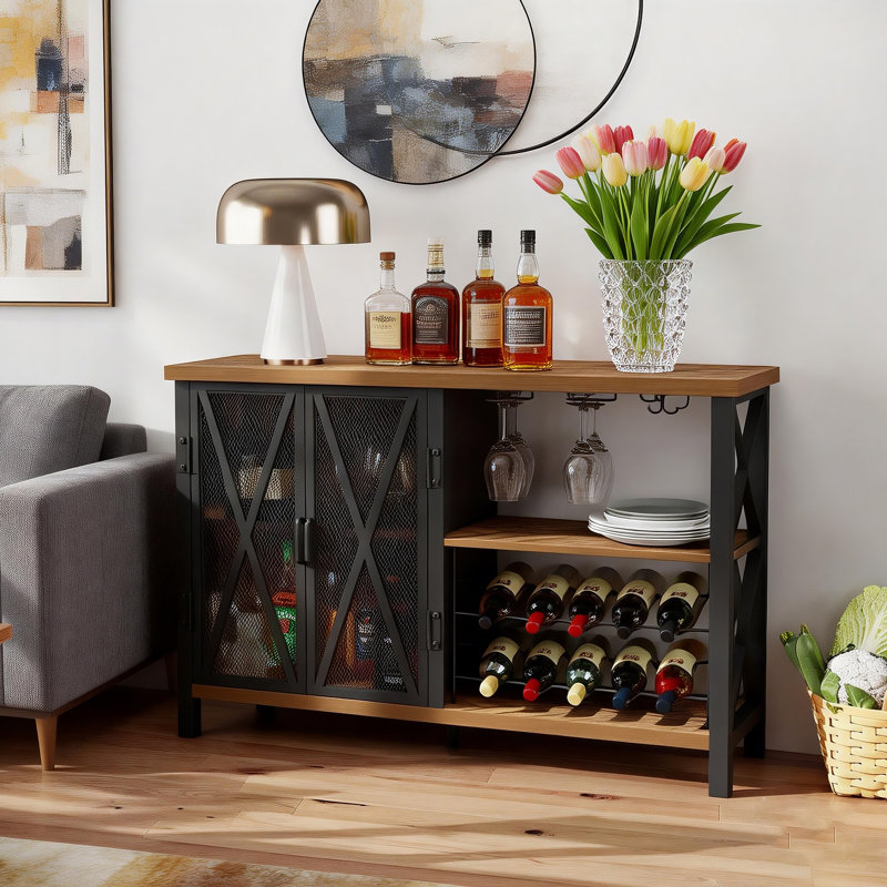 Bluffton Wine Bar Cabinet for Glasses, Sideboard with Doors, Brown