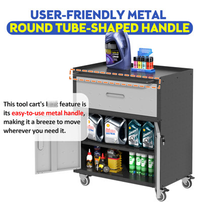 Heavy-duty Metal Garage Cabinet On Wheels With Drawer - 33.68"h X 30.27"w 16.86"d, 2 Lockable Doors, Black And Gray, Tool Storage For 16.86"d 33.68"h, 1 Drawer, Rolling Cabinet, Gray