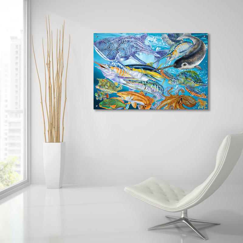 Art mural en verre épique «Sea Life Of The World» par Tim Jeffs, 36 po x 24 po, H 24 po x l 36 po