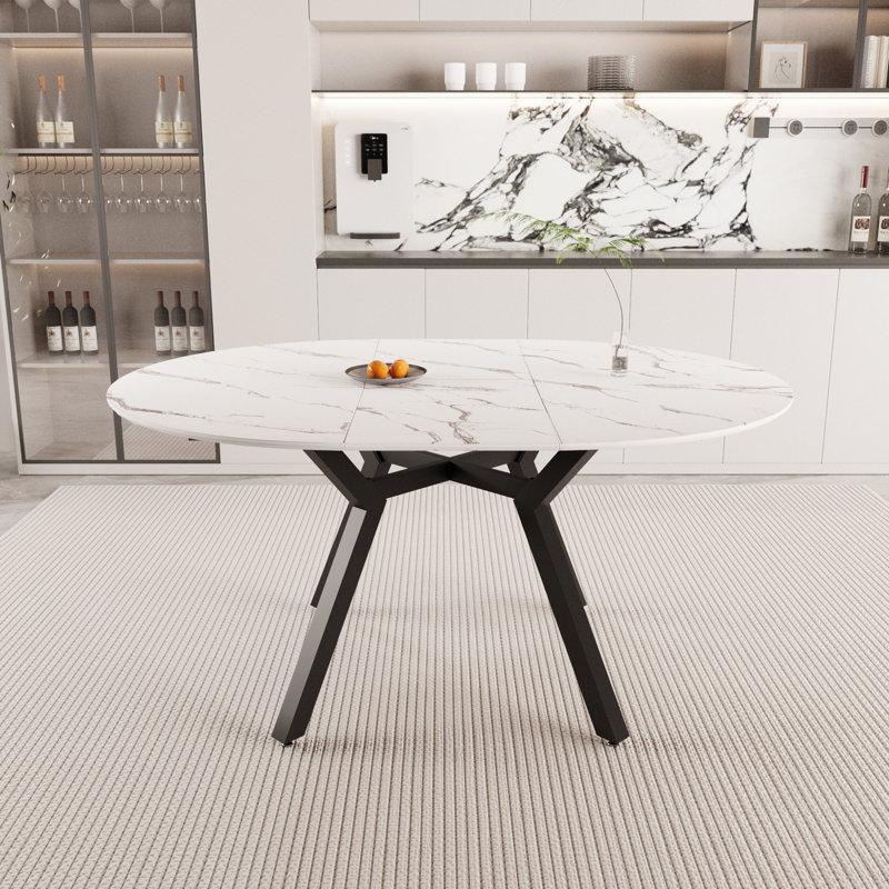 47-63 " extendable white circular dining table, 4-6 person kitchen dining table, modern coffee table with MDF tabletop and legs, suitable for kitchen&home