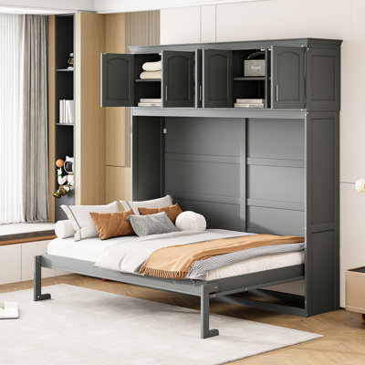 Lit double gris, idéal pour les espaces multiples, espace et lit confortable avec armoires supérieures, bureau personnel, support de matelas
